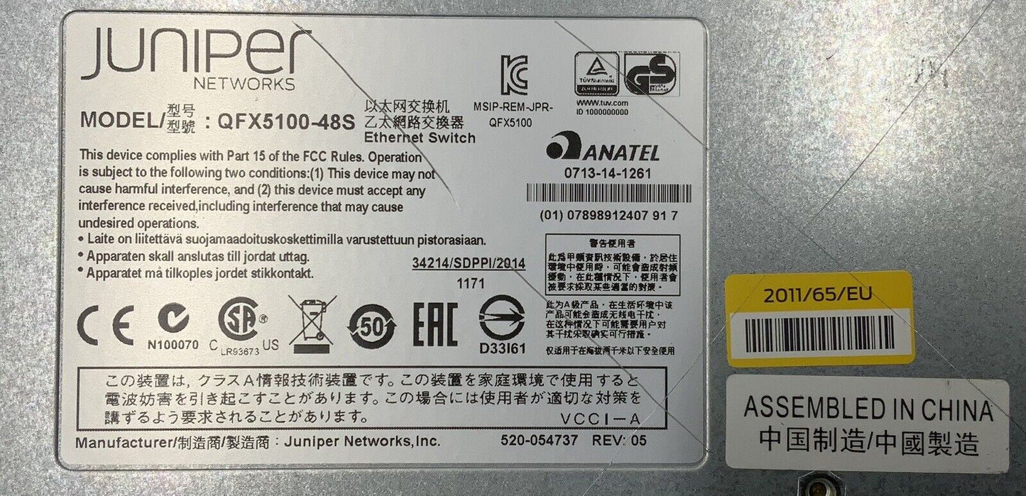 JUNIPER QFX5100-48S-AFI 48-Port SFP/SFP+10GbE 6x40GBE QSFP+ DUAL AC PS