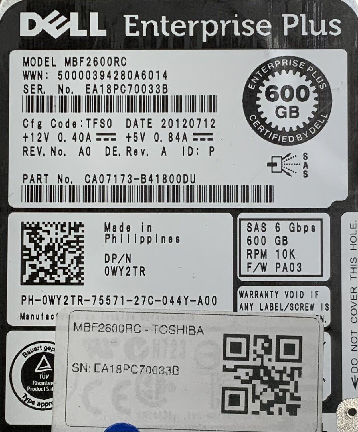 LOT of 7 Dell Enterprise Plus Toshiba 2.5" HDD CA07173-B41800DU 600GB SAS 6Gbps