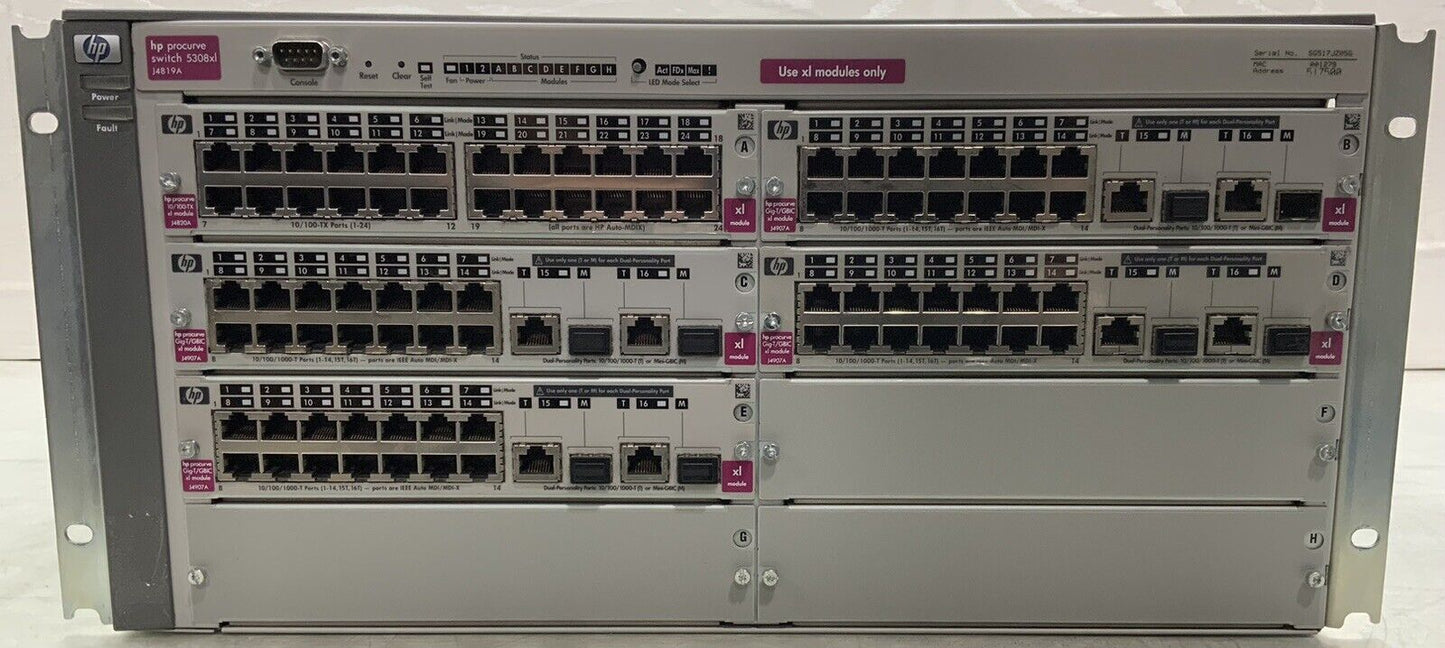 HP ProCurve 5308xl (J4819A) Switch w/ 4x J4907A, J4820A
