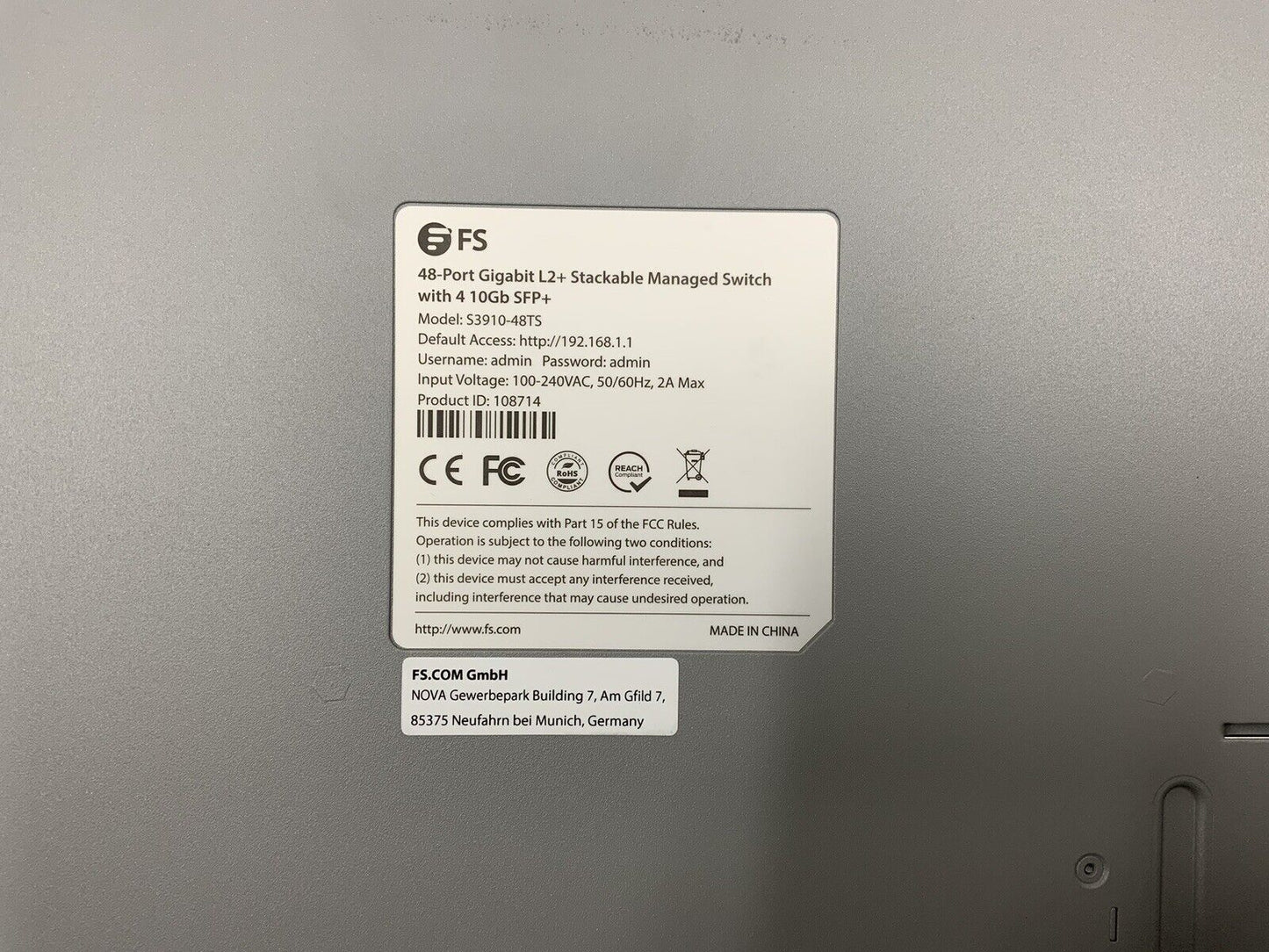 FS S3910-48TS 48-Port L2+ Switch 48 x Gigabit RJ45 4 X 10GB SFP+