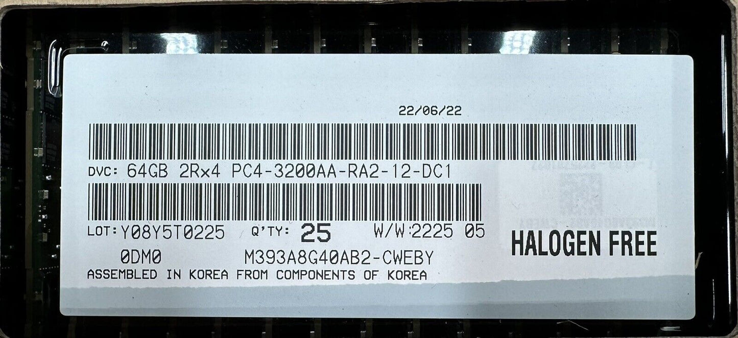M393A8G40AB2-CWEBY Samsung 64GB PC4-3200 DDR4 ECC 2Rx4 Memory (TRAY OF 25)