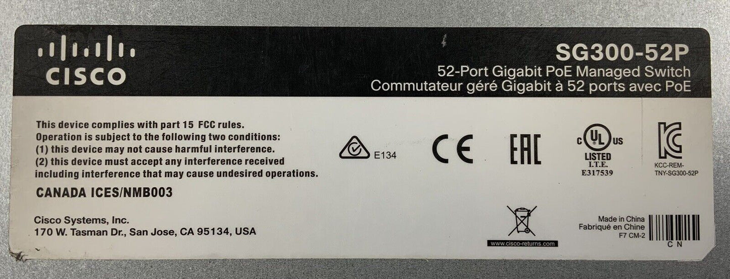 Cisco SG300-52P-K9 SG300-52P 52 Port Gigabit PoE Switch