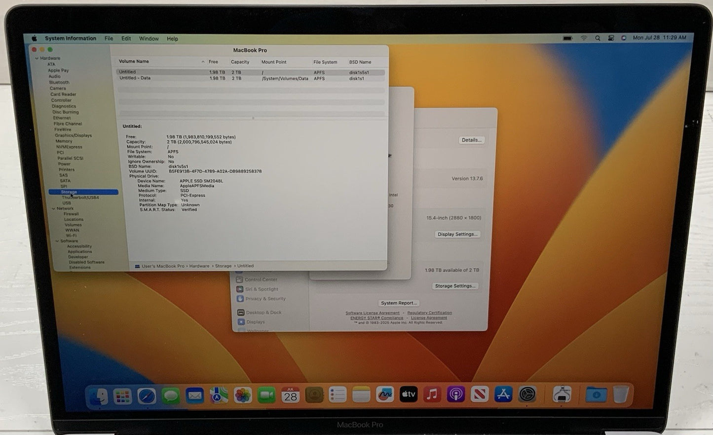 2017 Apple MacBook Pro 15" i7-7920HQ 3.1GHz 16GB RAM 2TB SSD Ventura A1707