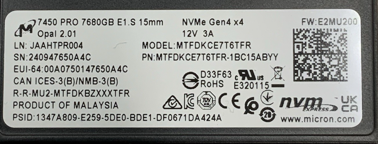 Micron 7450 7.68TB E1.S 15mm NVMe Gen4 SSD | MTFDKCE7T6TFR-1BC15ABYY