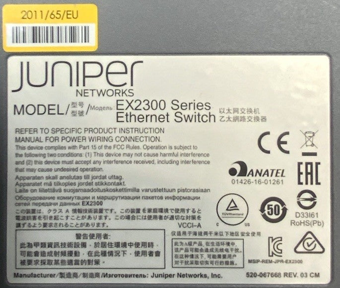 Juniper Networks 48-Port GbE RJ-45 SFP PoE+ Network Switch | EX2300-48P Rev. B