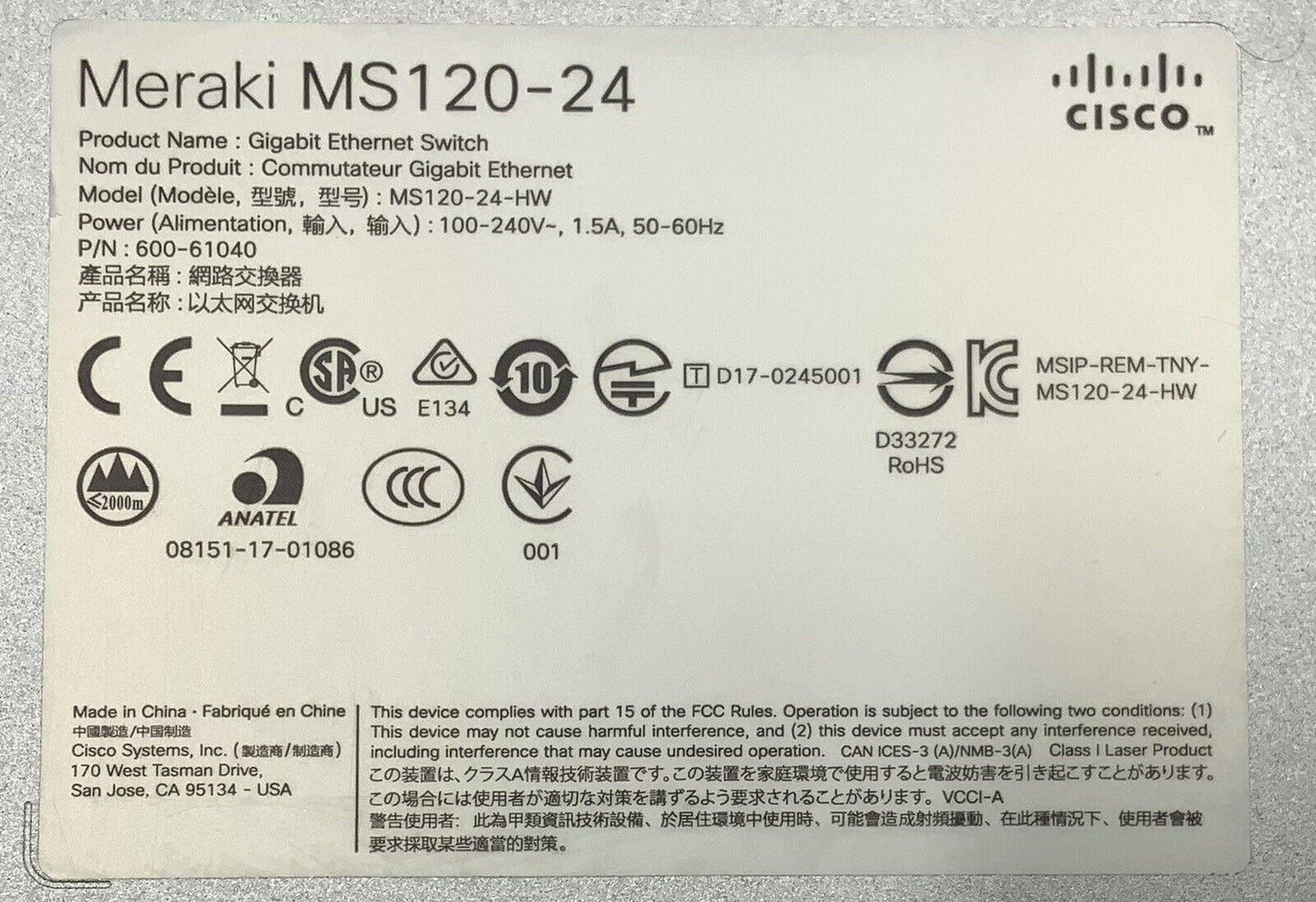 Cisco Meraki MS120-24-HW 24-Port Gigabit Ethernet Cloud Managed Switch UNCLAIMED