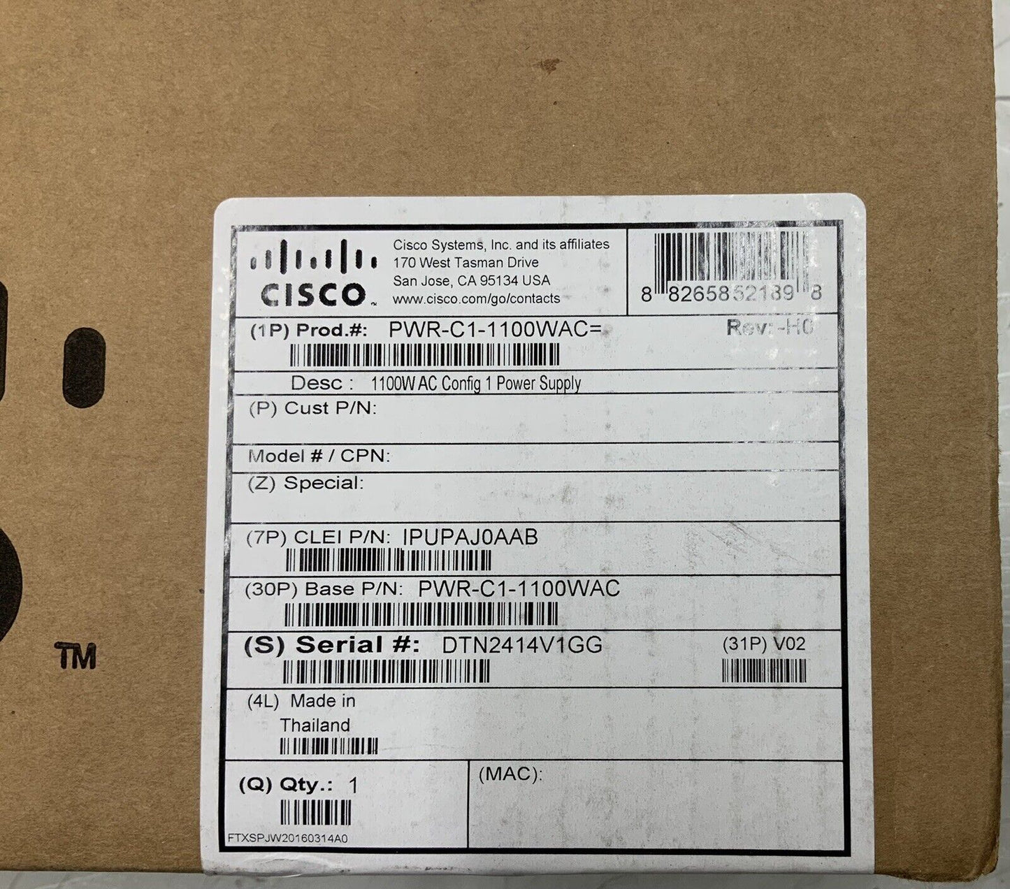 New Sealed Cisco PWR-C1-1100WAC= Power Supply