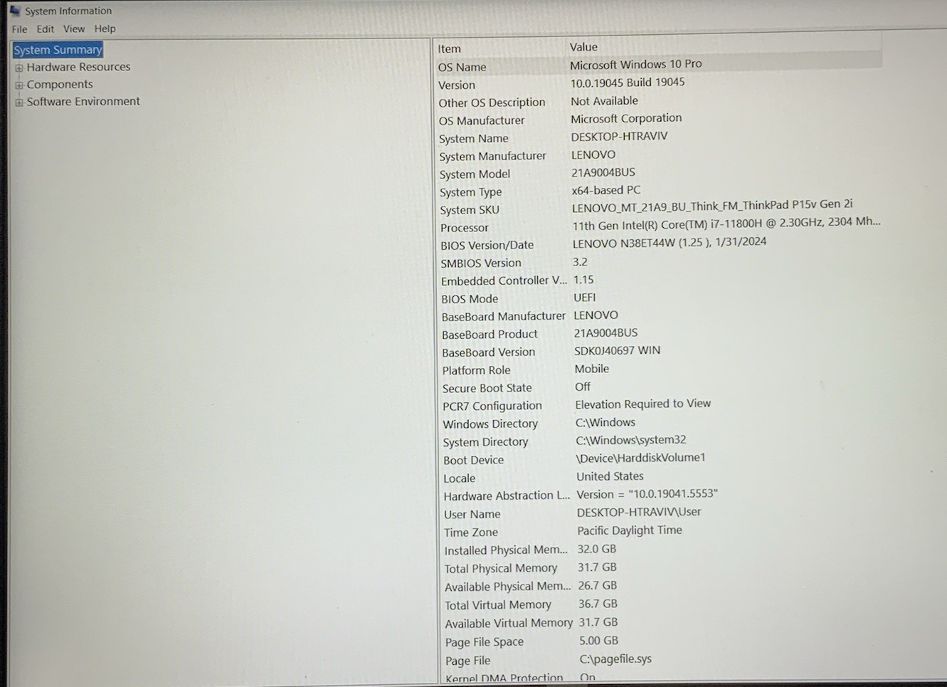 Lenovo ThinkPad P15v Gen 2 15" Intel i711800H 2.3Ghz 32GB RAM 1TB NVMe Win 10P