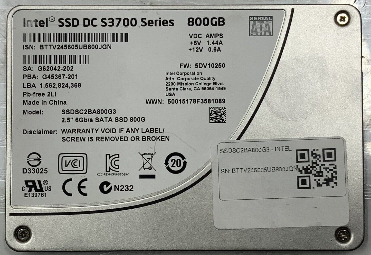 Intel DC S3700 Series 800GB SATA 6Gb/s 2.5" SSD SSDSC2BA800G3E