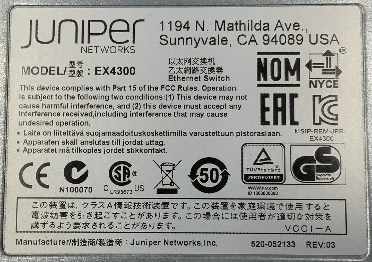 Juniper EX4300 24-Port Network Switch RJ45 SFP+ | EX4300-24T