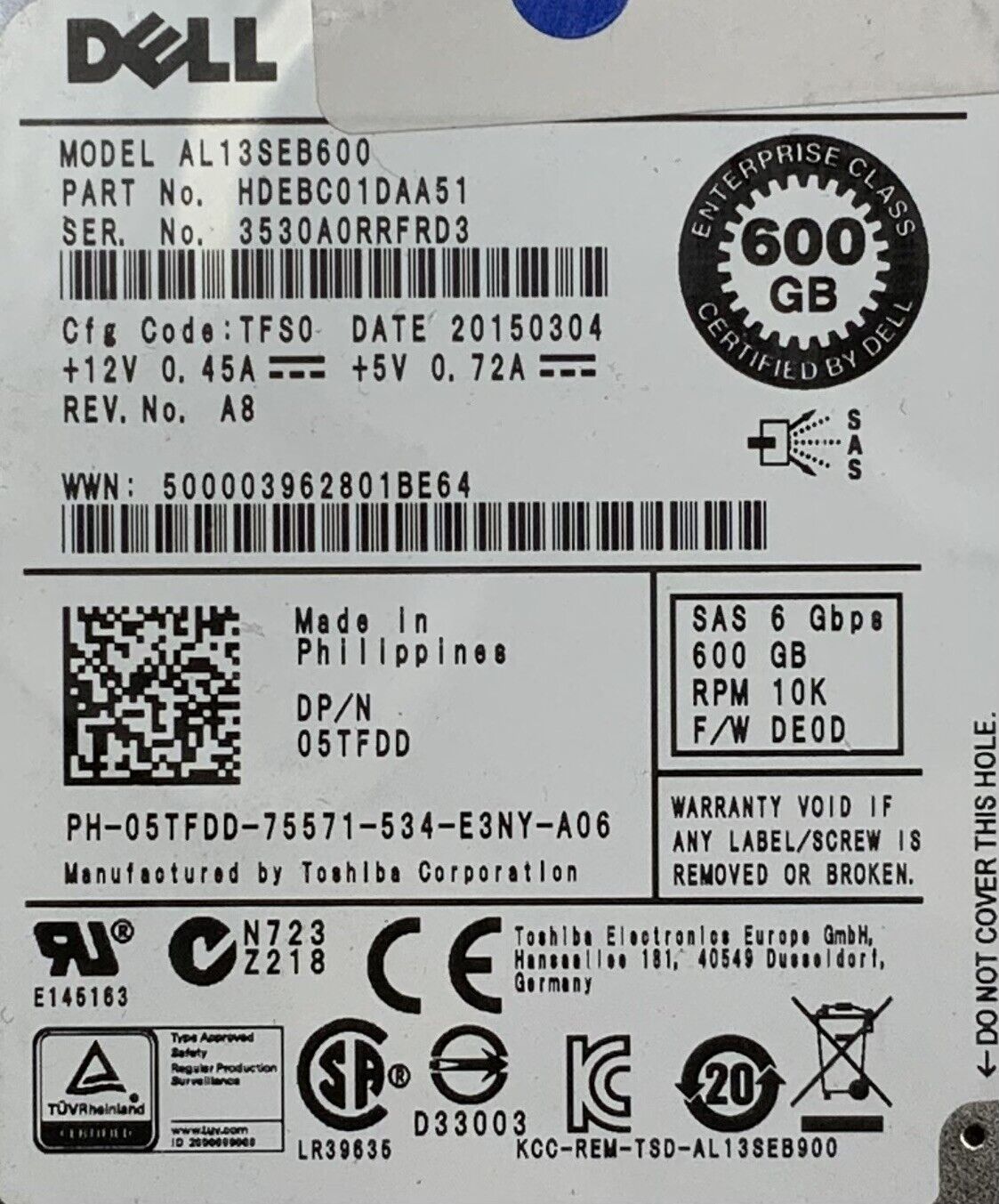 LOT OF 10 Dell Toshiba Enterprise 2.5" SAS HDD 600GB 6Gbps HDEBC01DAA51