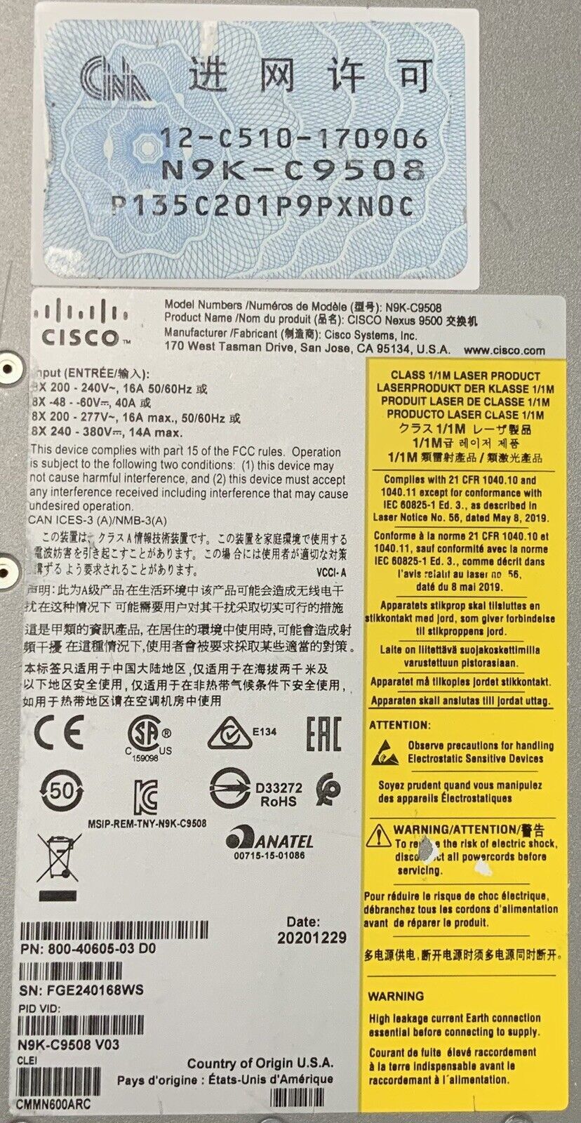 Cisco N9K-C9508 Nexus 9508 Chassis x6 PSU w/ 4 Cards