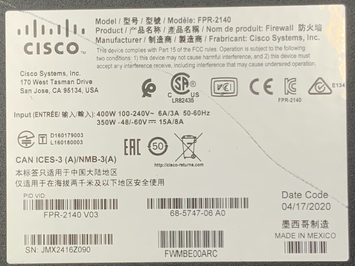 Cisco FPR-2140 v03 Firewall w/ Dual 400W Power Supplies