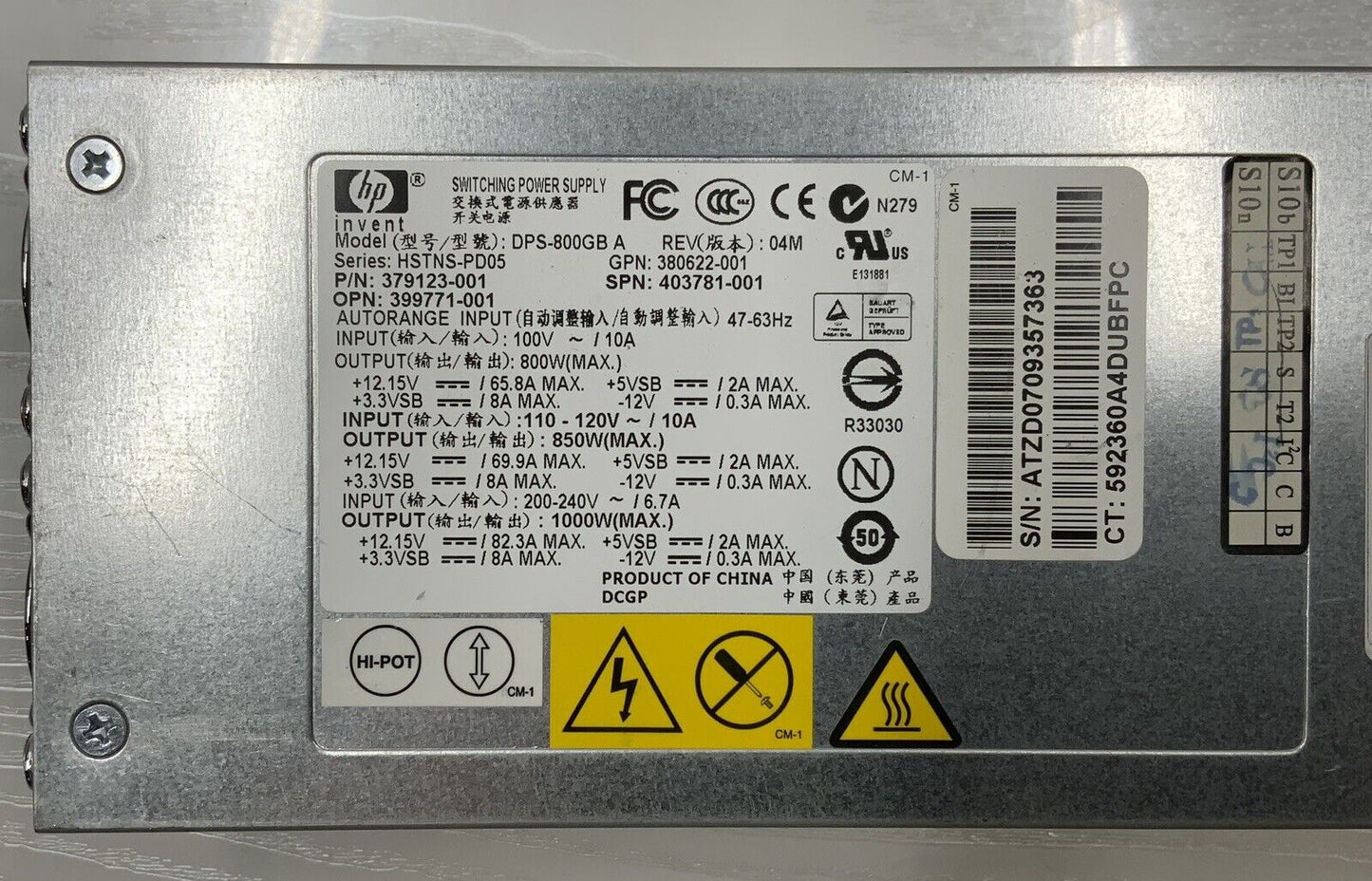 HEWLETT PACKARD HP HSTNS-PD05, 379123-001 1000W, DPS-800GB A