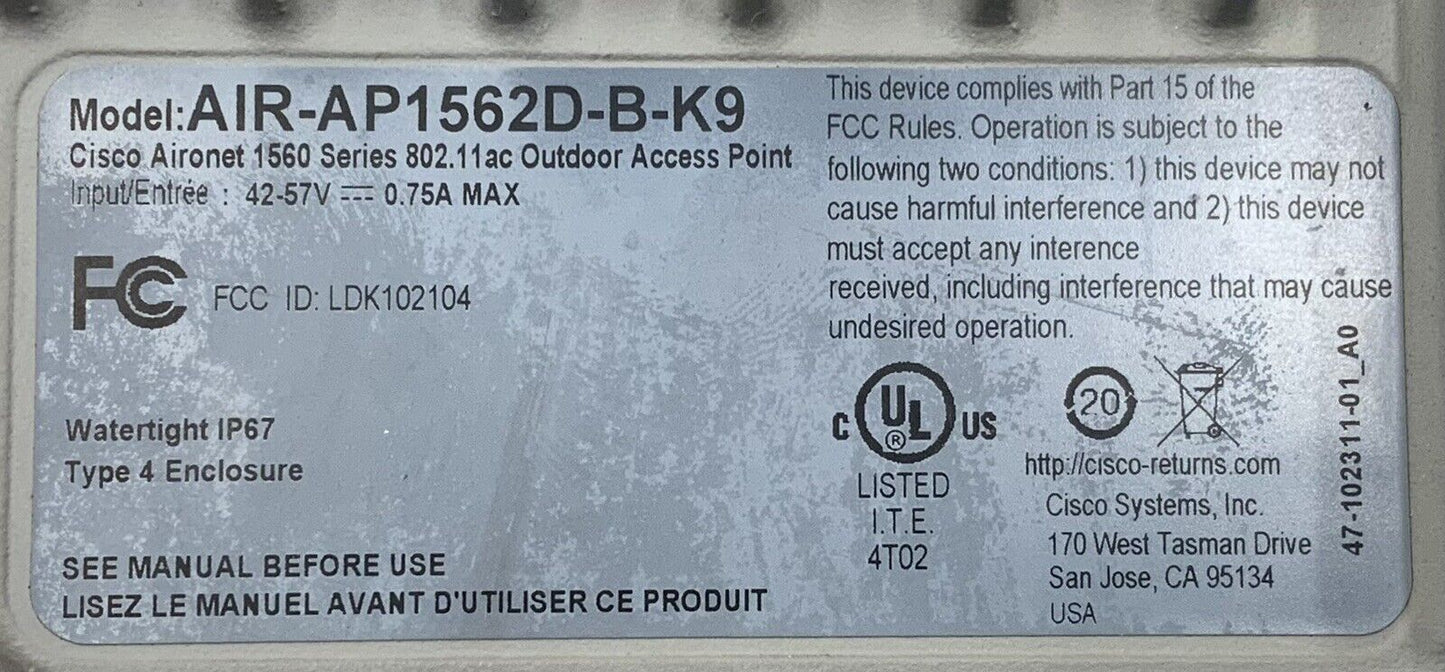 Cisco AIR-AP1562D-B-K9 Aironet 1562D Outdoor Access Point 802.11ac