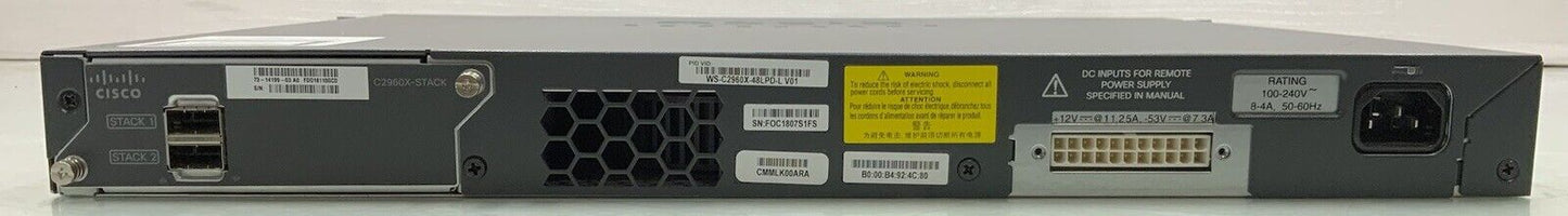 Cisco Catalyst WS-C2960X-48LPD-L 48-Port Switch w/2xSFP+
