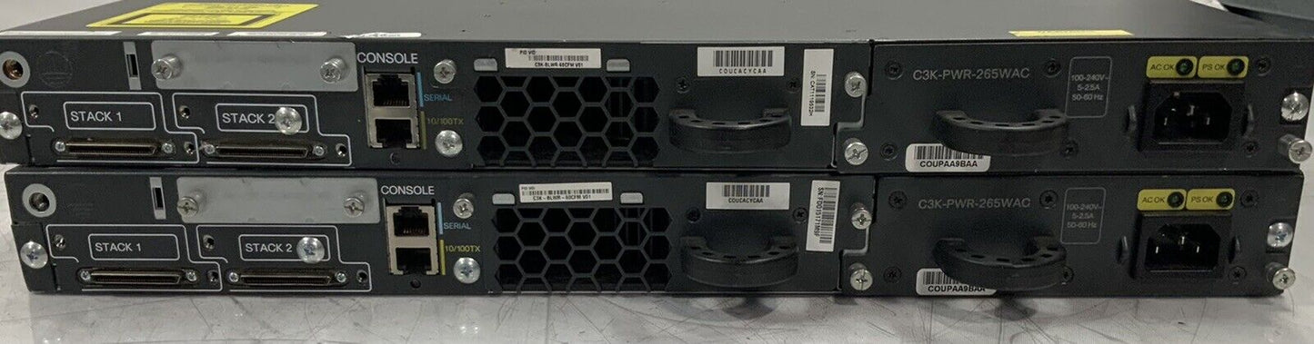 Lot of 2 Cisco Catalyst 3750-E Series WS-C3750E-48TD C3K-PWR-265WAC