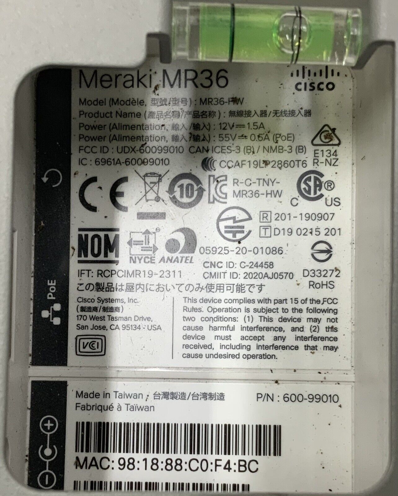 Cisco Meraki MR36 Cloud Wireless Access Point MR36-HW Unclaimed w/ Bracket