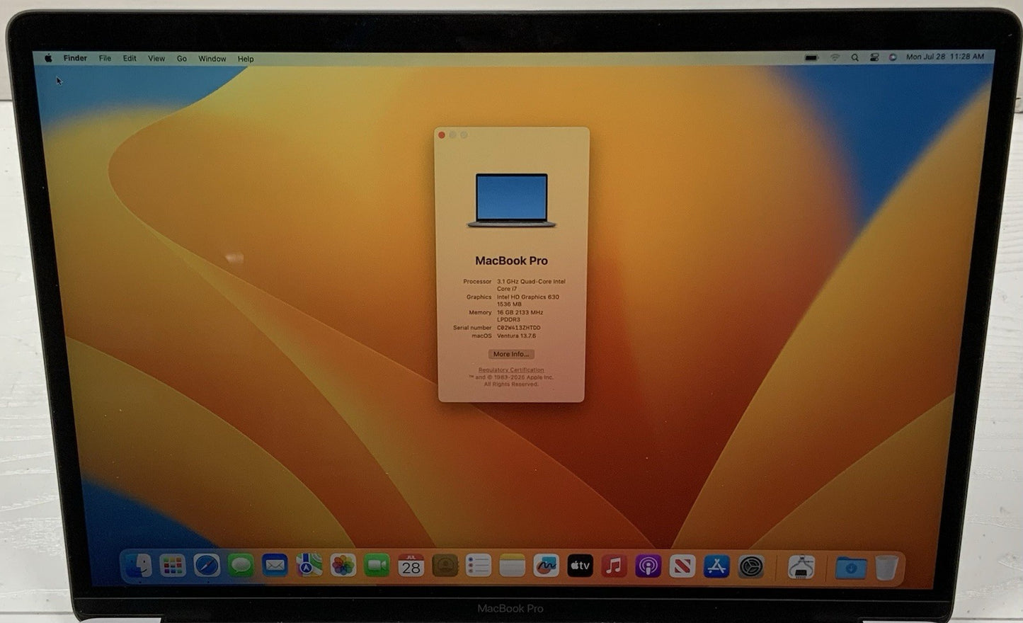 2017 Apple MacBook Pro 15" i7-7920HQ 3.1GHz 16GB RAM 2TB SSD Ventura A1707