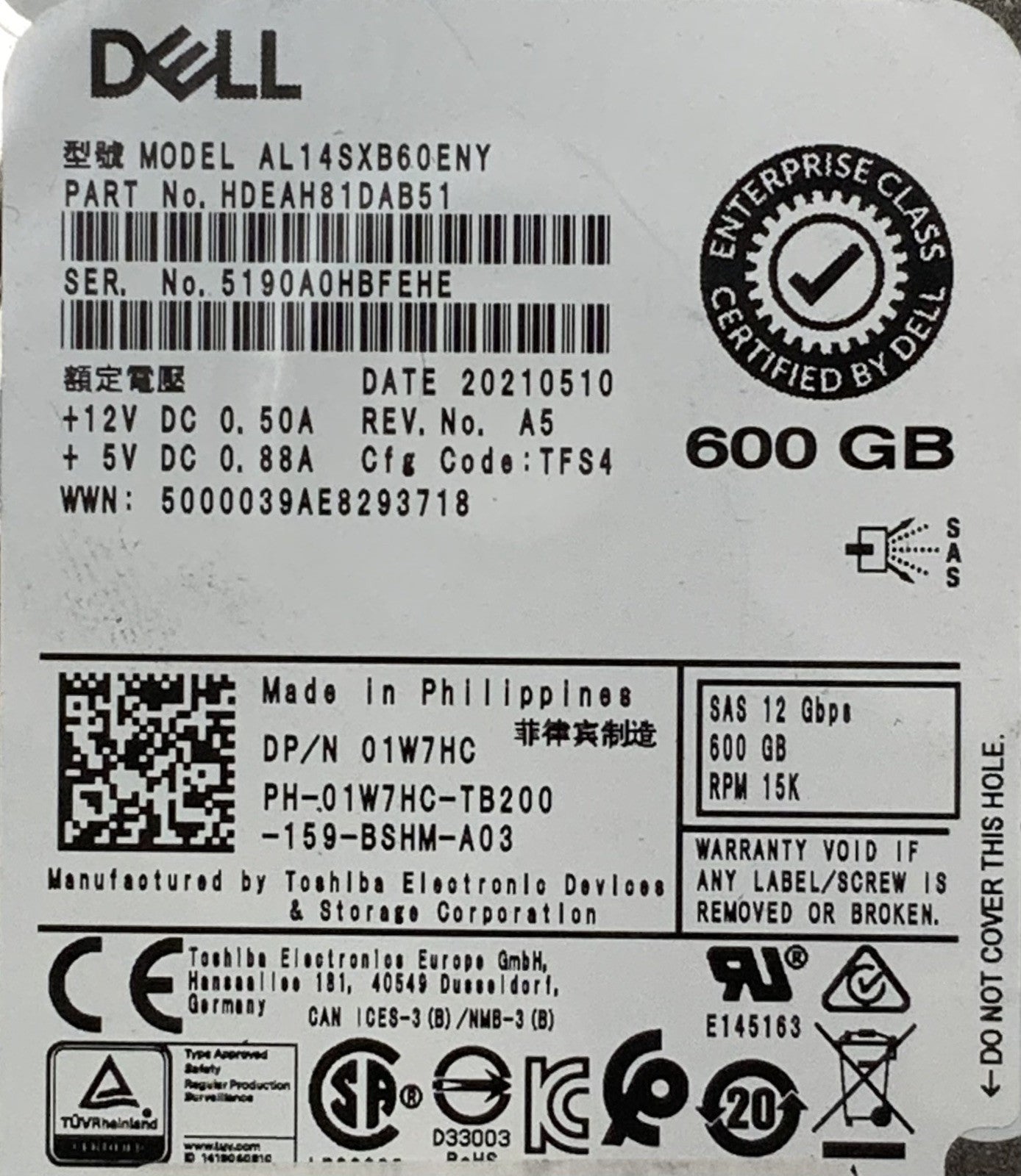 Dell Toshiba Enterprise 2.5" 600GB 15K RPM 12Gbps SAS HDD | AL14SXB60ENY