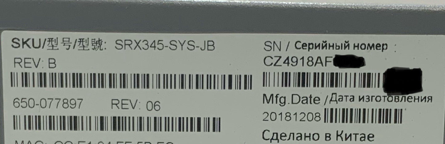 Juniper Enterprise Security Services RJ45 SFP GbE Firewall | SRX345-SYS-JB Rev B