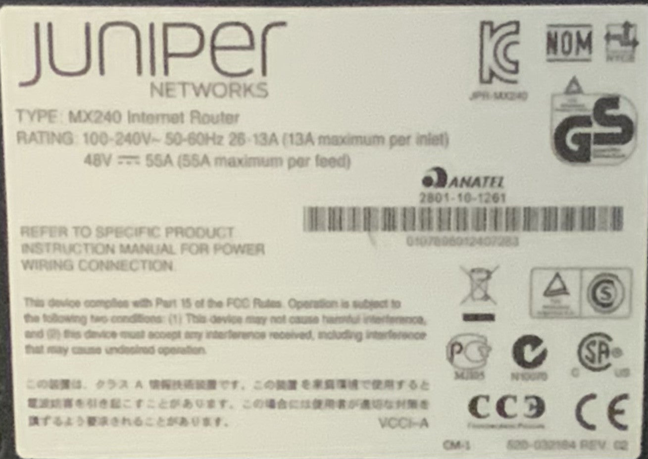 Juniper MX240 - (2)SCBE2-MX, (2)RE-S-1800X4, (2)MX-MPC3E-3D, (2)MIC-3D-4XGE-XFP