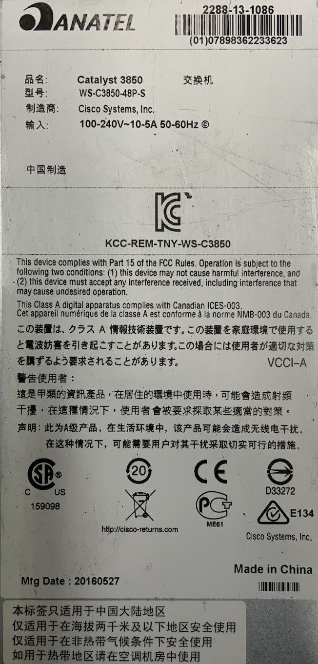 Cisco Catalyst 3850 48-Port GbE SFP PoE+ Switch | WS-C3850-48P-S, C3850-NM-4-10G