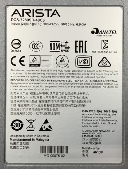 Arista DCS-7280SR-48C6-R 48x 10GbE SFP+ 6x 100GbE QSFP Switch R-F Airflow