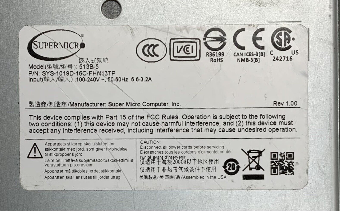 SuperMicro 513B-5 SYS-1019D-16C-FHN13TP 1U Xeon D2183IT, 64GB MEM, X1-SSD 480GB