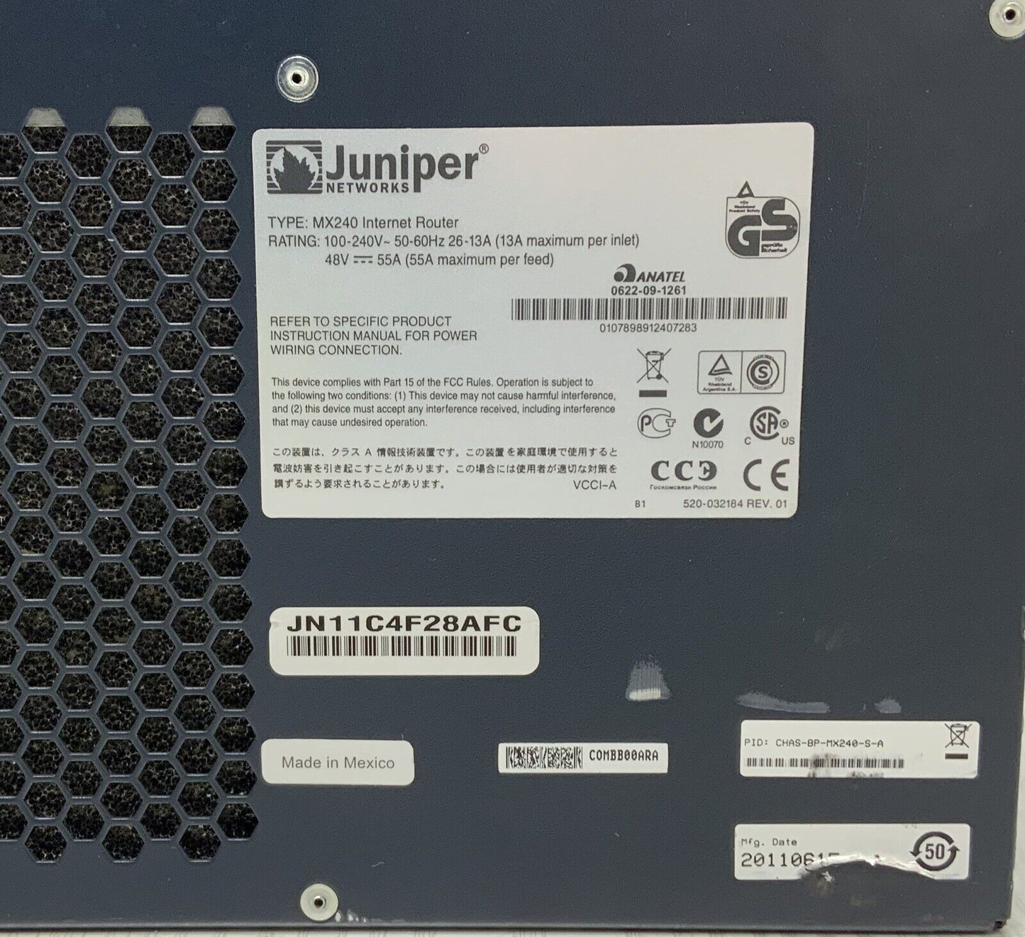 Juniper MX240 - (1)SCB-MX - (1)RE-S-1800X4 - (2)MX-MPC3E-3D - No Image/OS