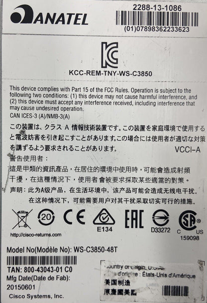 WS-C3850-48T-S 48-Port Switch & C3850-NM-4-1G Cisco Catalyst