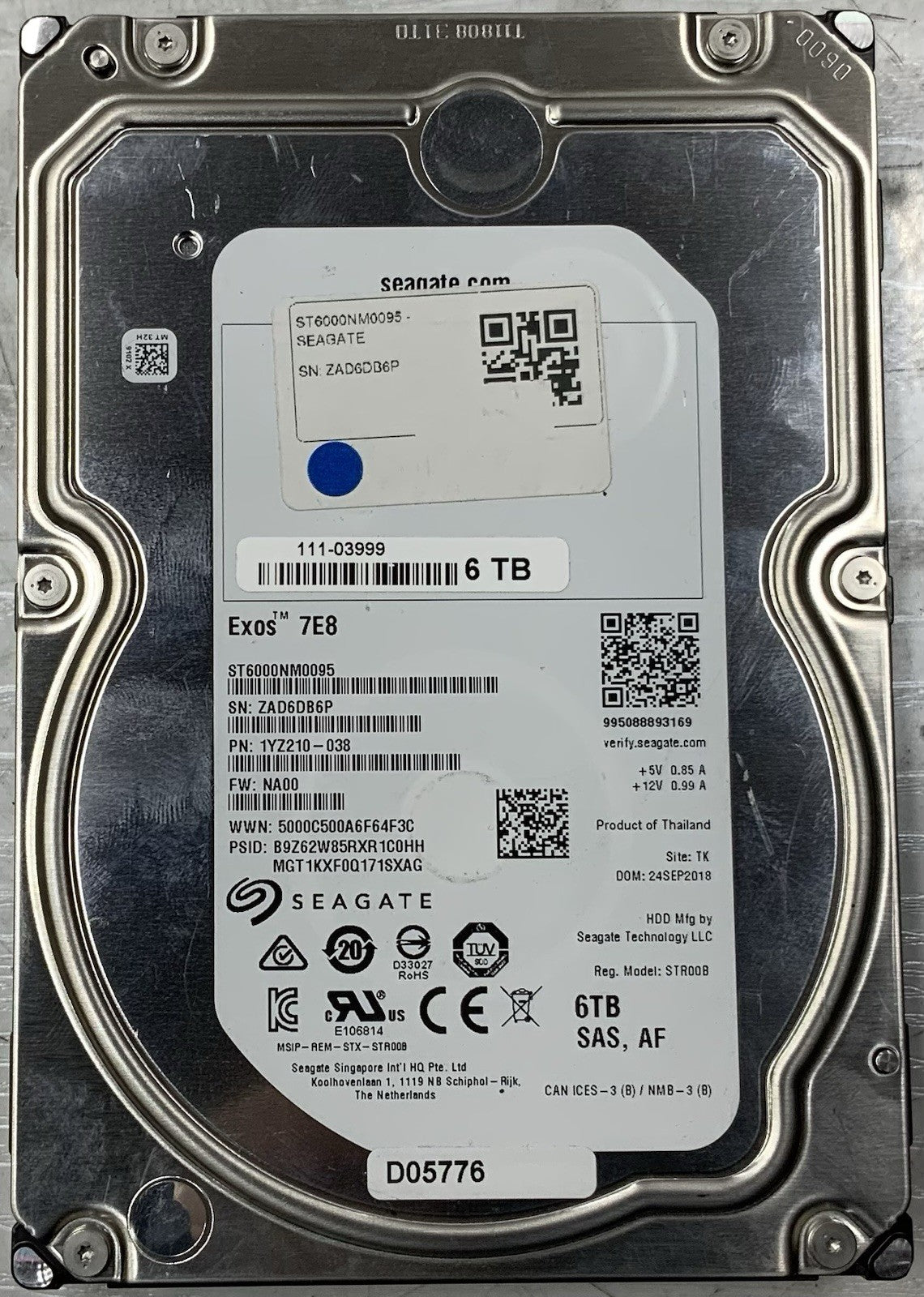 ST6000NM0095 Seagate 6TB 7.2K 12Gb/s SAS 3.5" Hard Drive 1YZ210-038