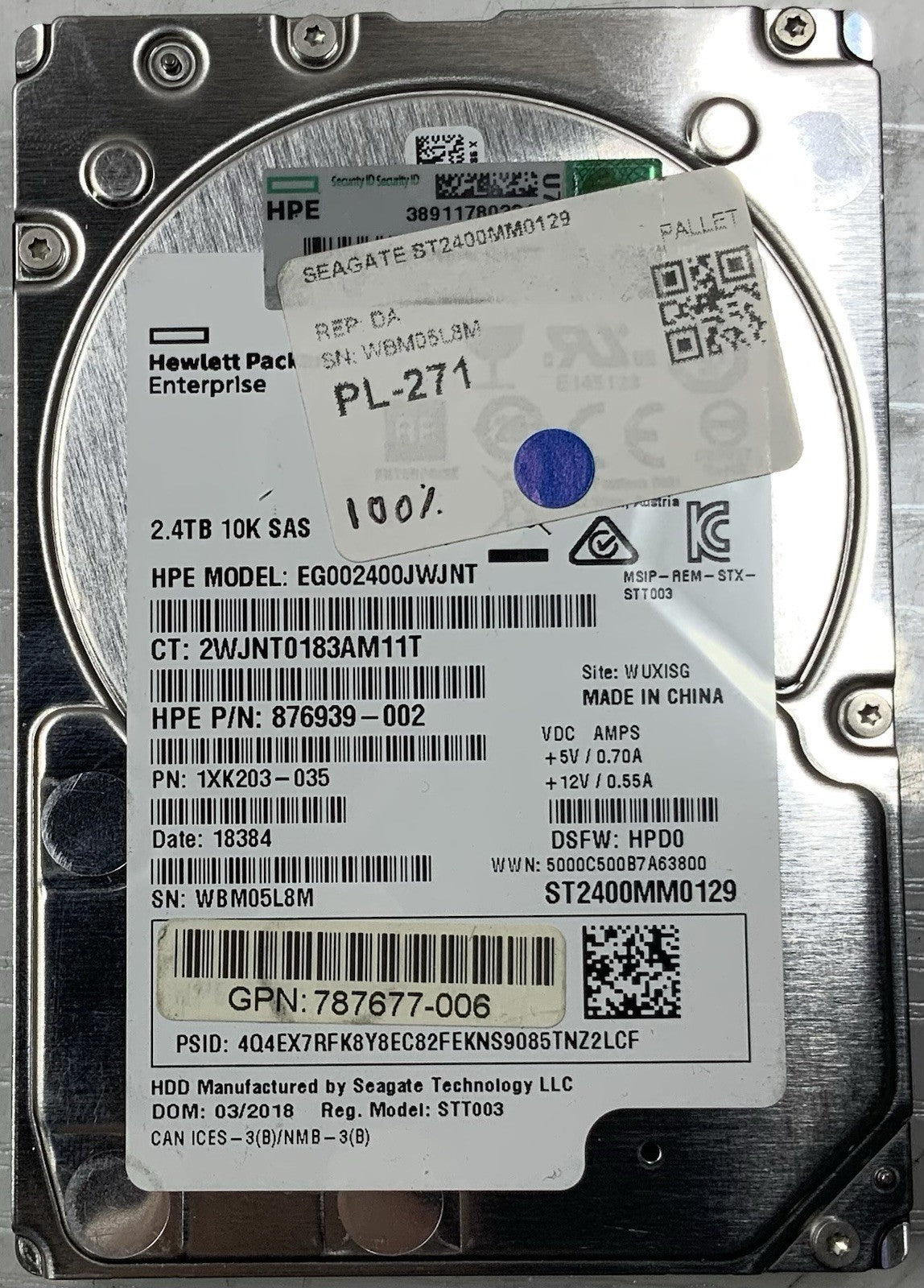HPE 2.4TB 10K SAS 12Gb Enterprise 2.5” HDD 876939-002 | 787677-006 (100%)