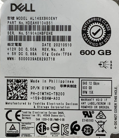 Dell Toshiba Enterprise 2.5" 600GB 15K RPM 12Gbps SAS HDD | AL14SXB60ENY