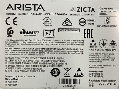 Arista 48-Port RJ45 SFP+ Rear to Front Airflow Network Switch | DCS-7010T-48
