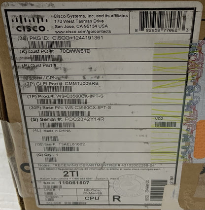 CISCO CATALYST 3560-CX WS-C3560CX-8PT-S 8 PORT ETHERNET SWITCH